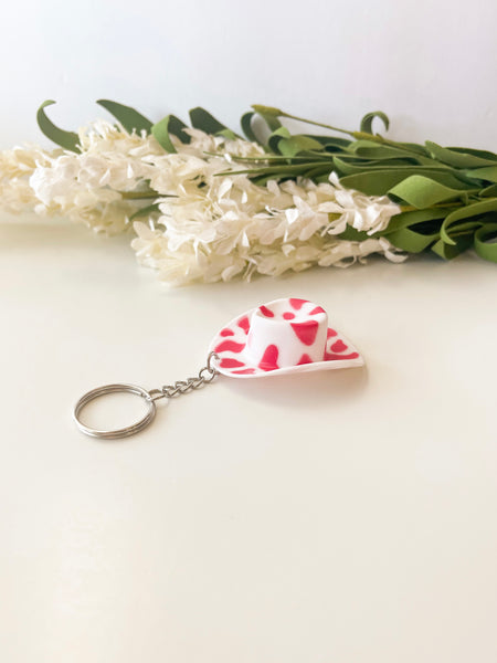 Pink Cowprint Western Hat Keychain