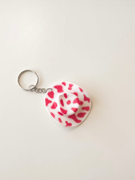 Pink Cowprint Western Hat Keychain