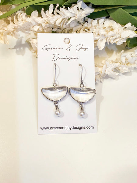 Silver Faux Pearl Drops on Half Circle Earrings