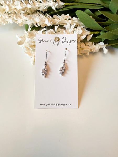 Silver Faux Crystal Leaf Earrings