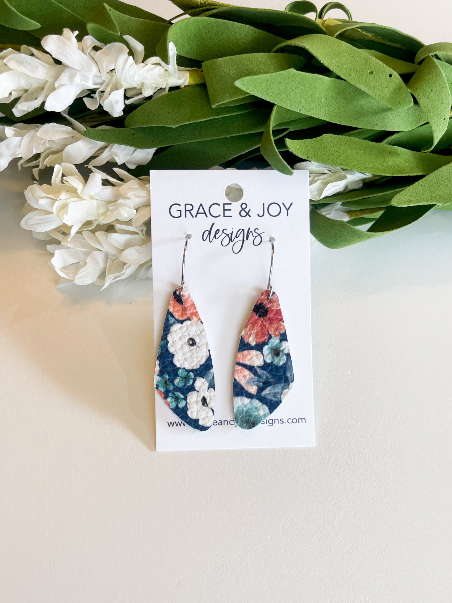 Navy Floral Leather Olivia Earrings