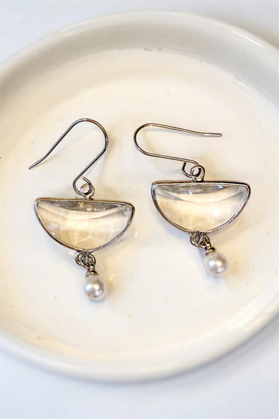 Silver Faux Pearl Drops on Half Circle Earrings