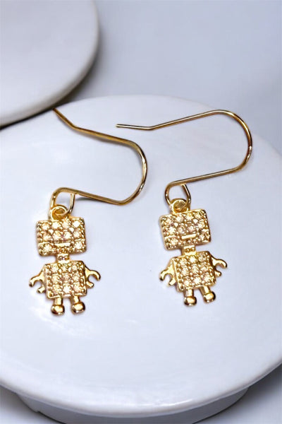 Faux Gold & Crystal Robot Earrings