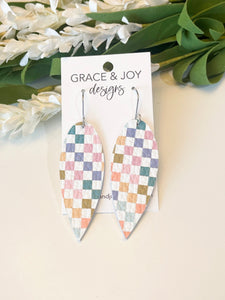 Pastel Checkered Skinny Drop Leather Earrings