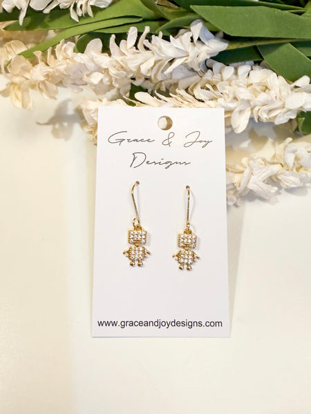Faux Gold & Crystal Robot Earrings
