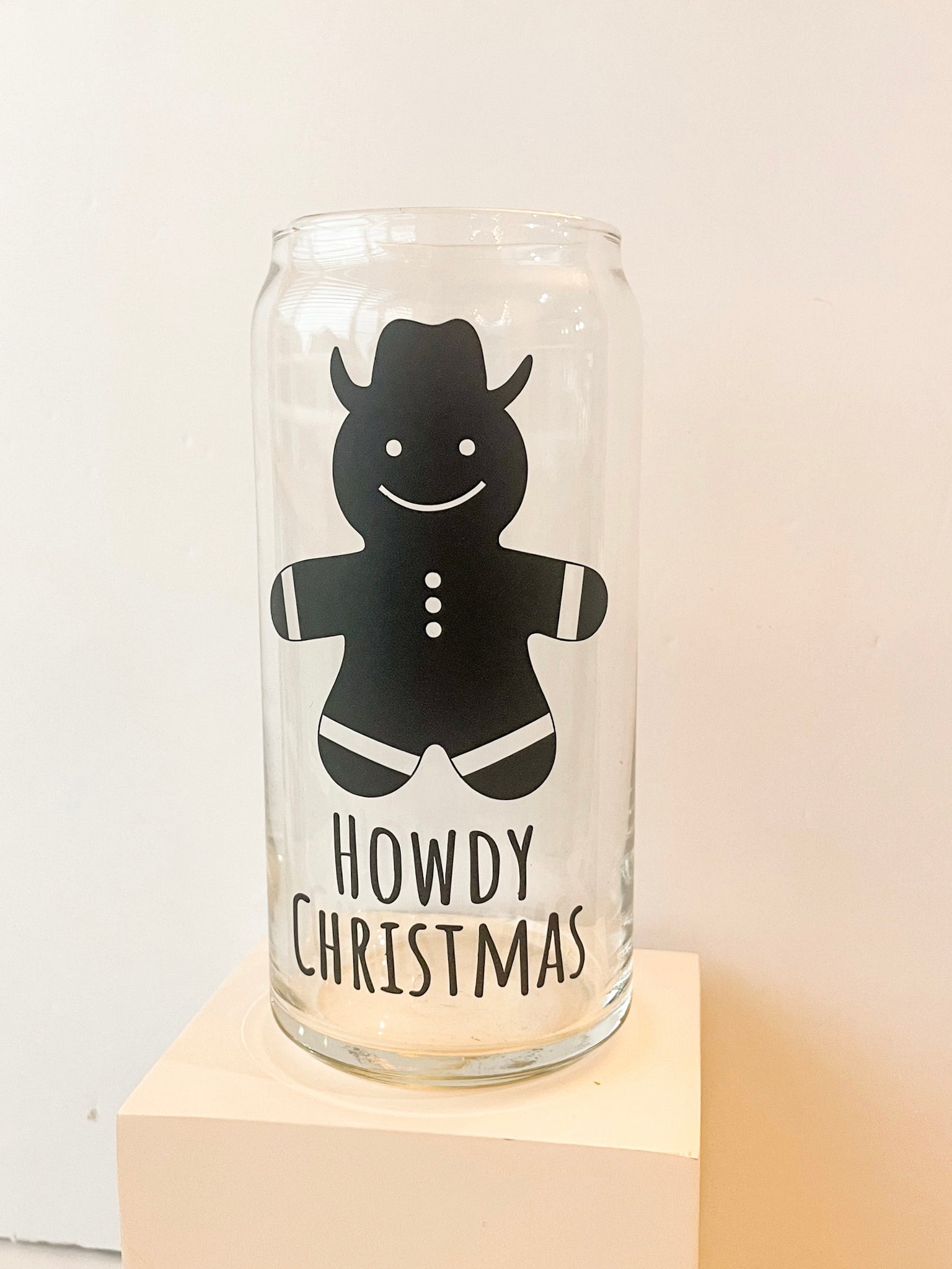 20 oz Gingerbread Howdy Can Glass w/ bamboo lid and glass straw