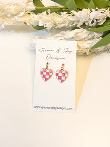 Checkered Pink Heart on Ball Post Earrings