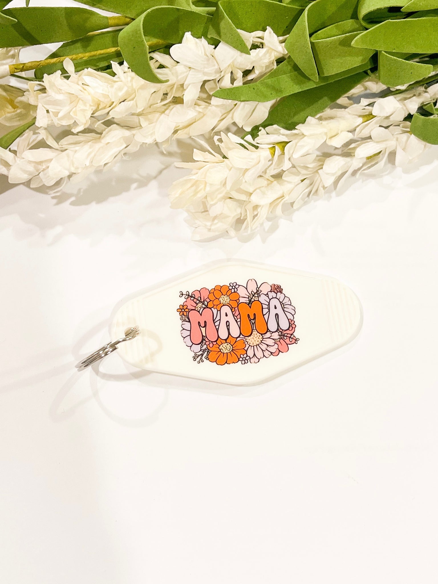 Floral Mama White Acrylic Motel style Keychain