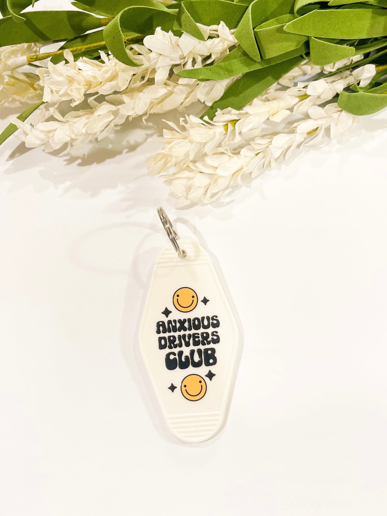 Anxious Drivers Club White Acrylic Motel style Keychain