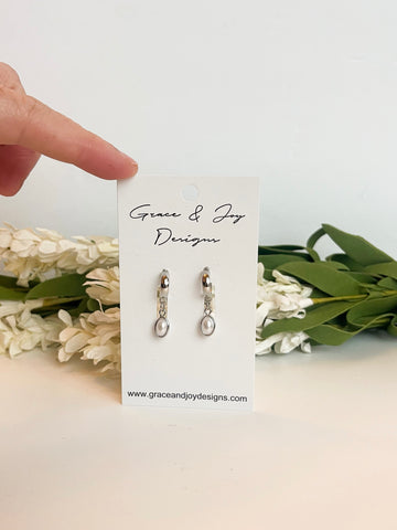 Faux Oval Pearls on Silver Half Hoop Earrings