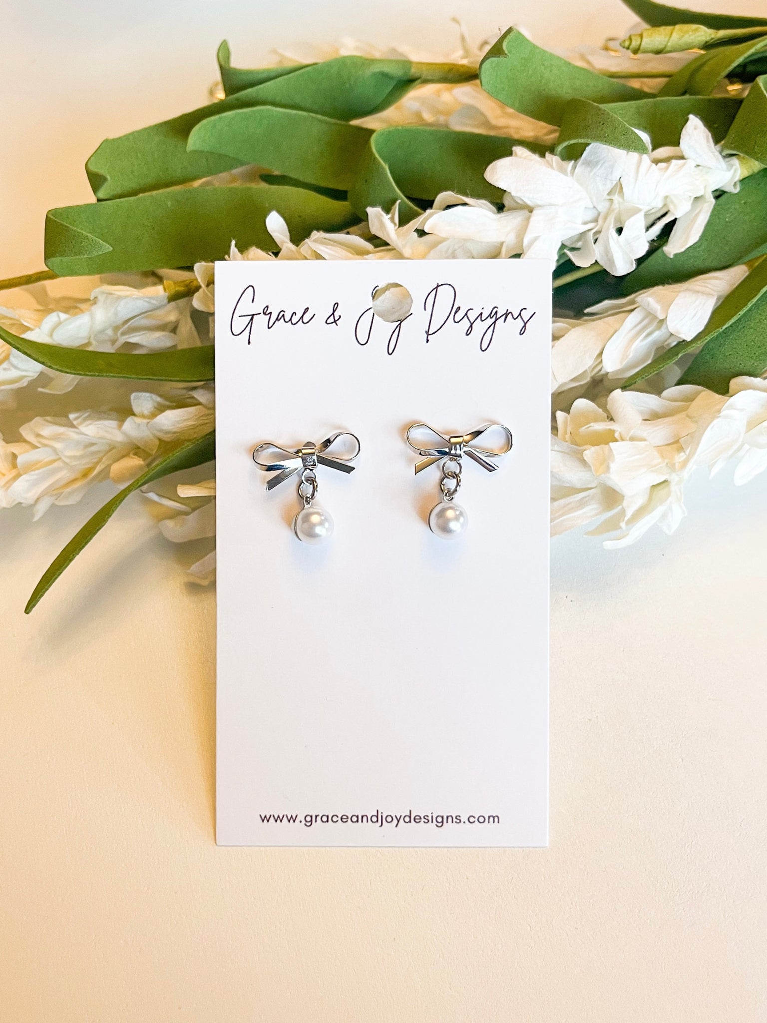 Faux Pearls on Silver Bow Post Earrings