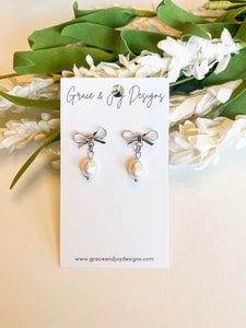 Silver Bow Post with Faux Pearl Drop Earrings