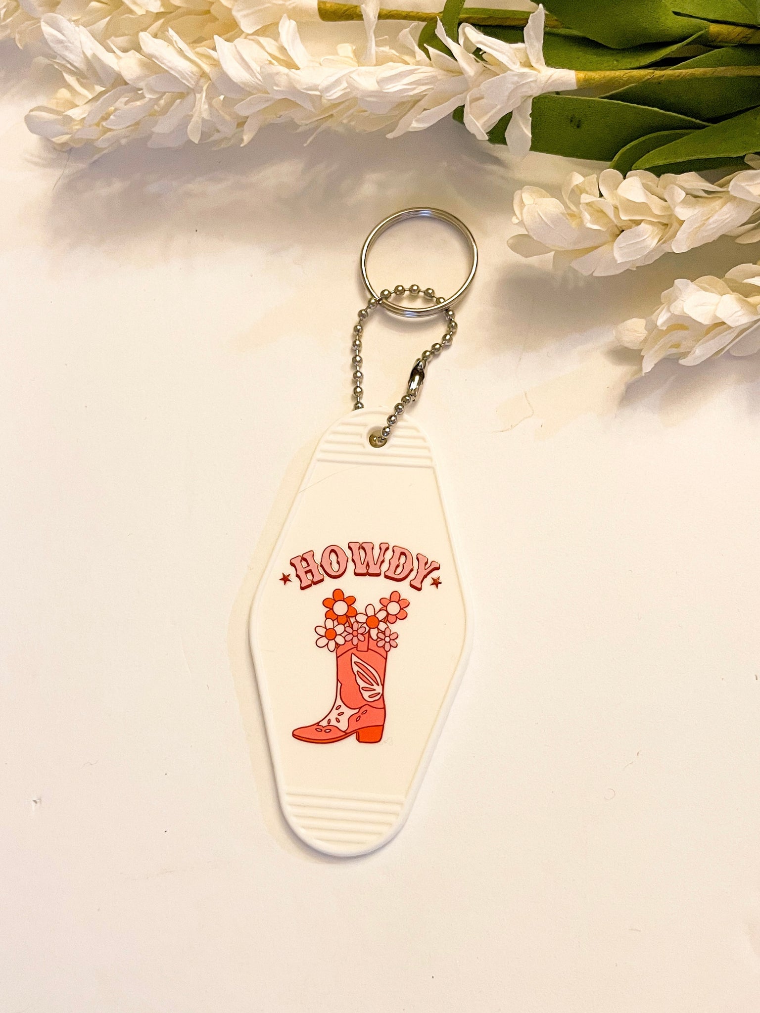 Howdy White Acrylic Motel style Keychain