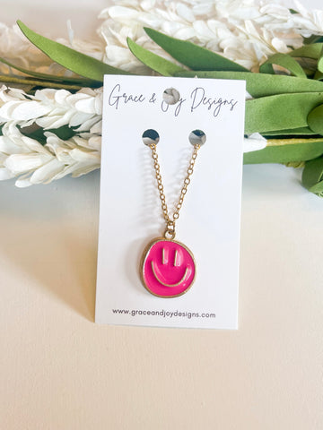 Hot Pink Happy Face Necklace