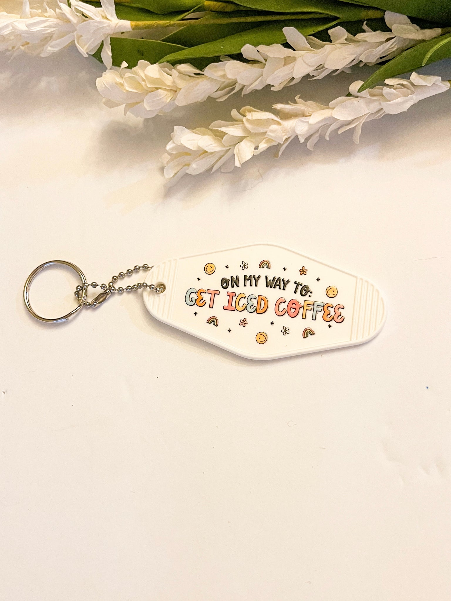 On my way White Acrylic Motel style Keychain