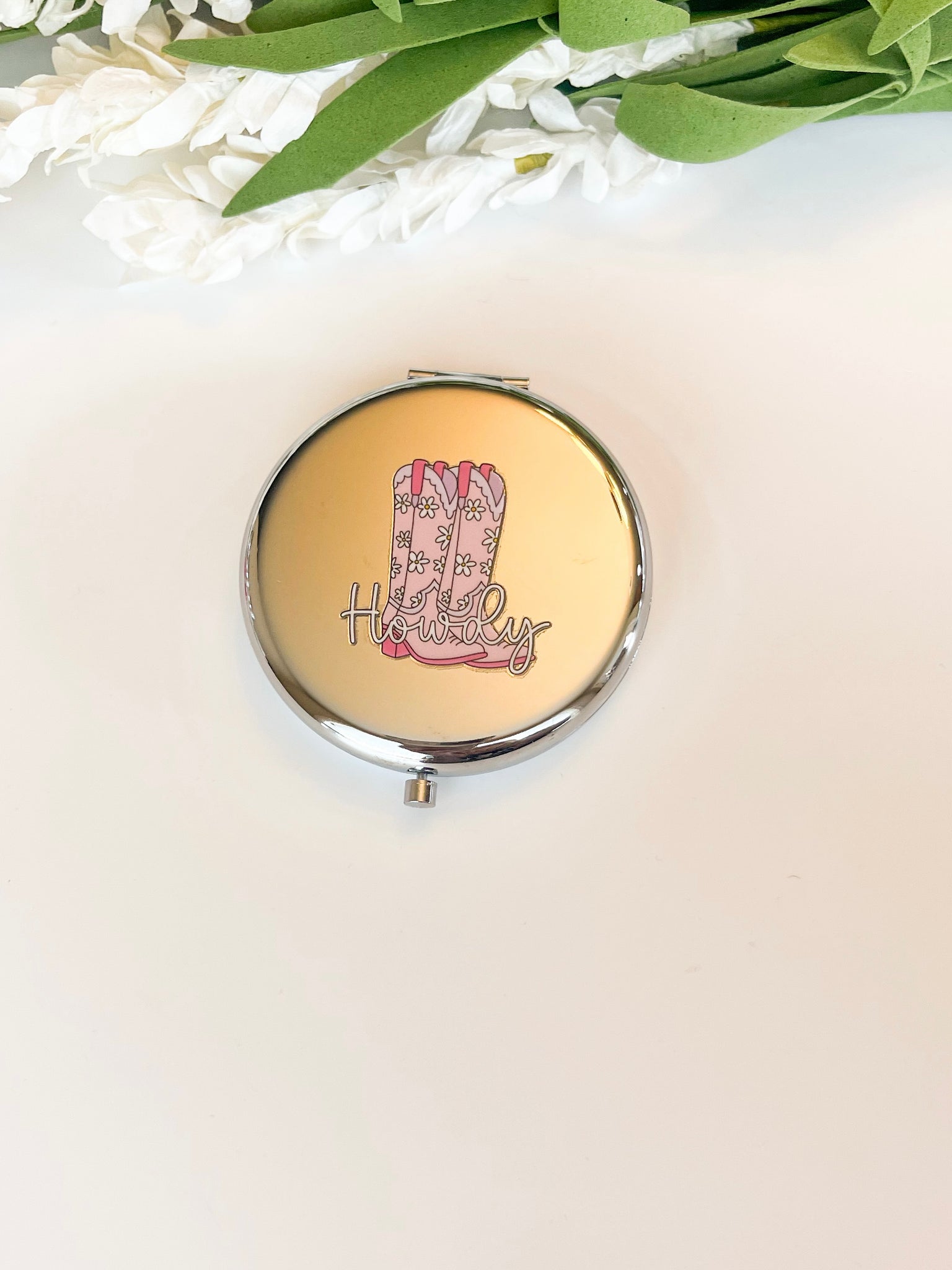 Pink Boots Howdy Silver Compact mirror