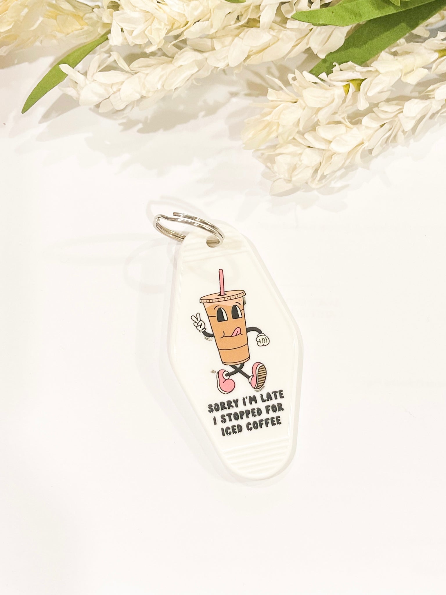 Sorry I’m Late White Acrylic Motel style Keychain