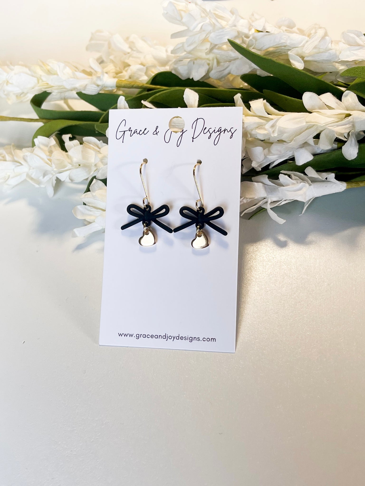 Black Bows with Gold Hearts Earrings