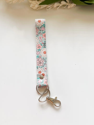 Pink & Blue Floral Leather Wrist Strap