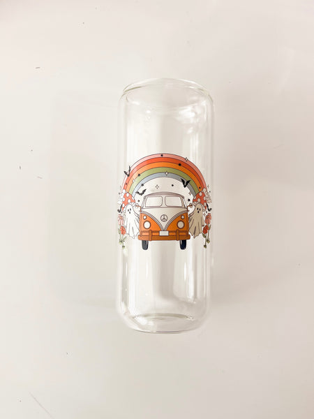 Retro van and ghosts 20 oz Can Glass w/ Glass Straw & Bamboo Lid