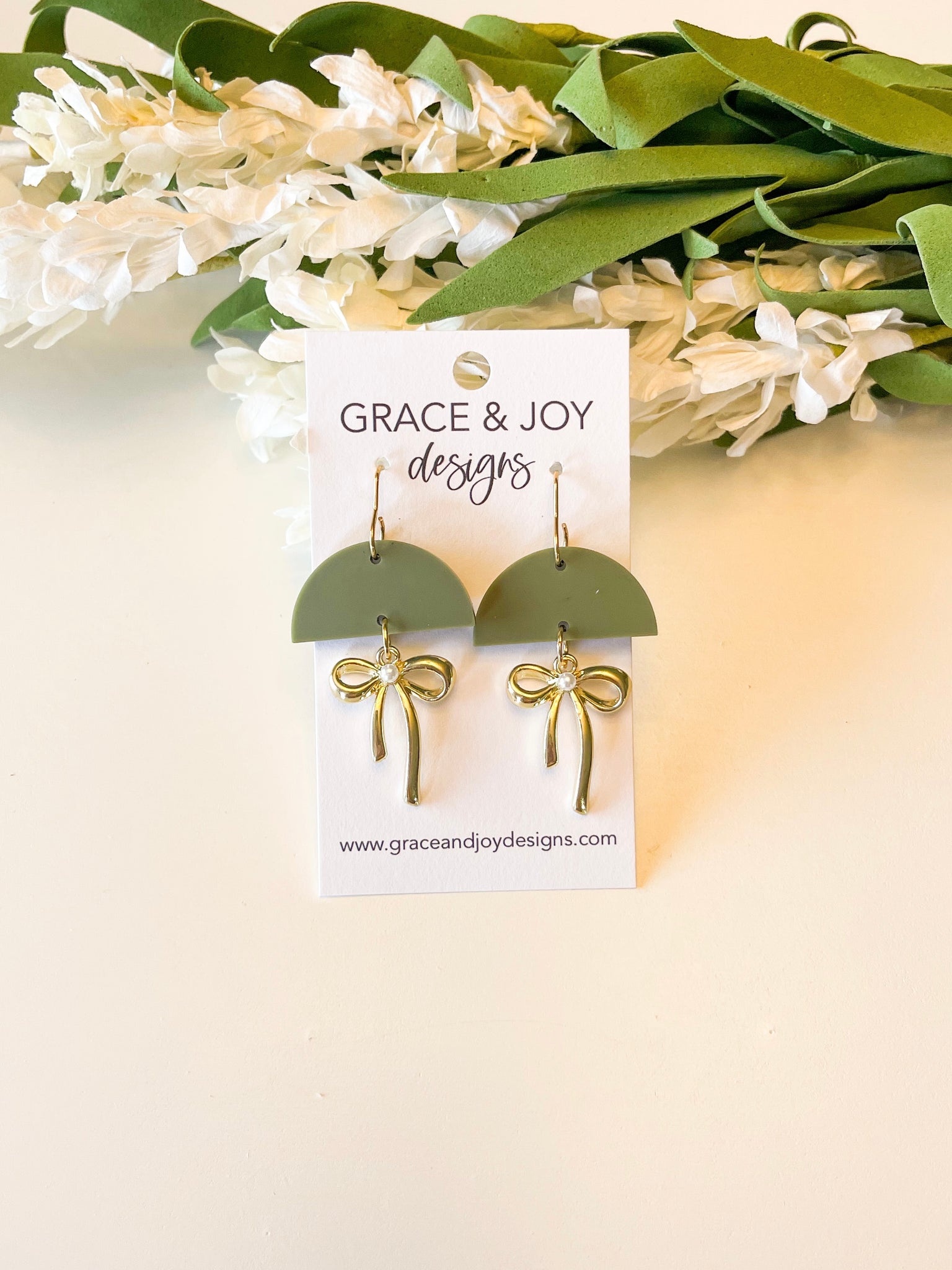 Olive & Gold Bow Drop Earrings