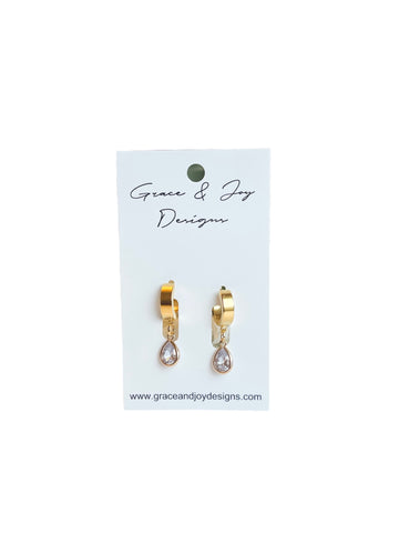 Faux Crystal Drops on Gold Huggie Earrings