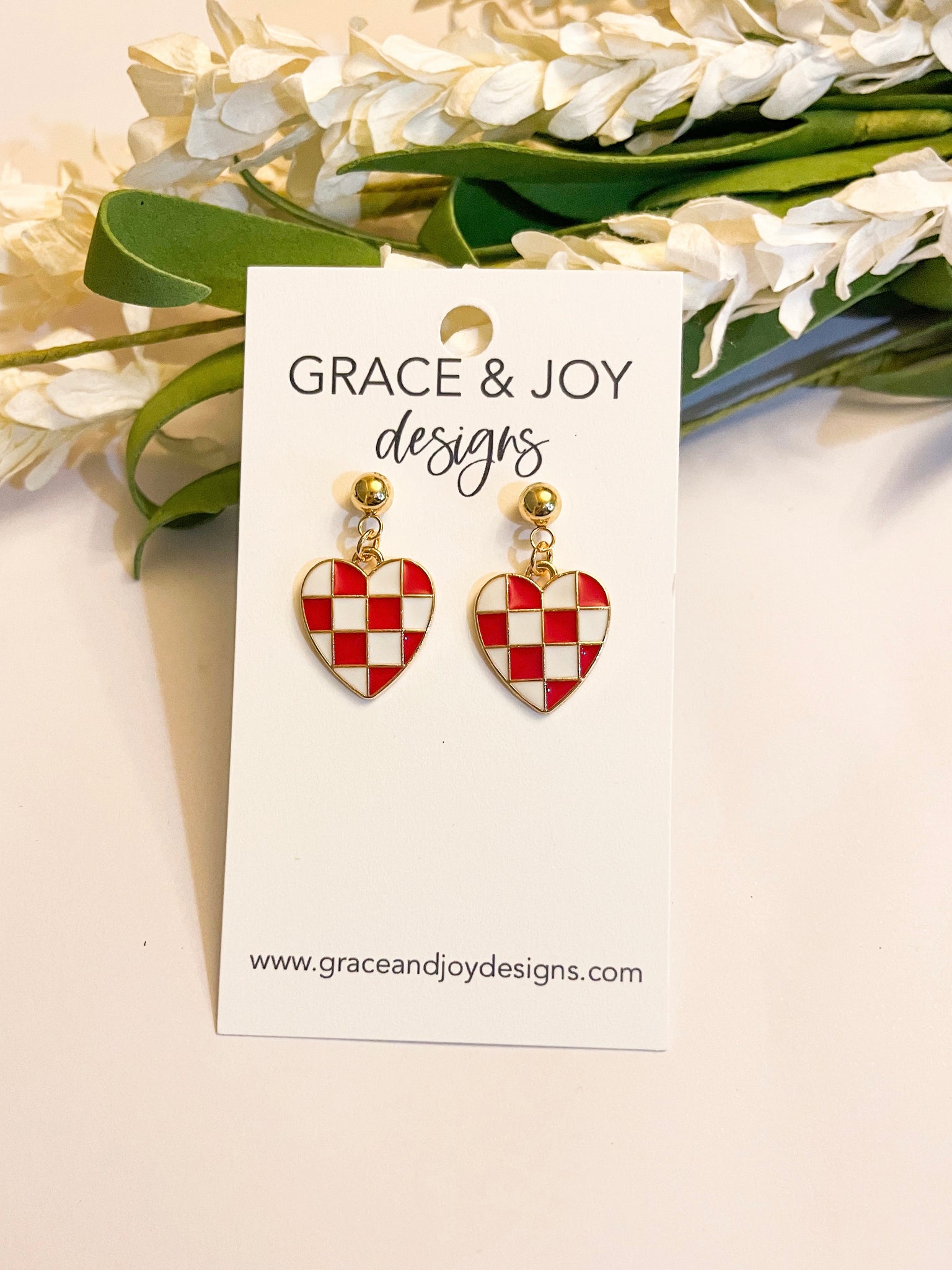 Red Checkered Heart Post Earrings