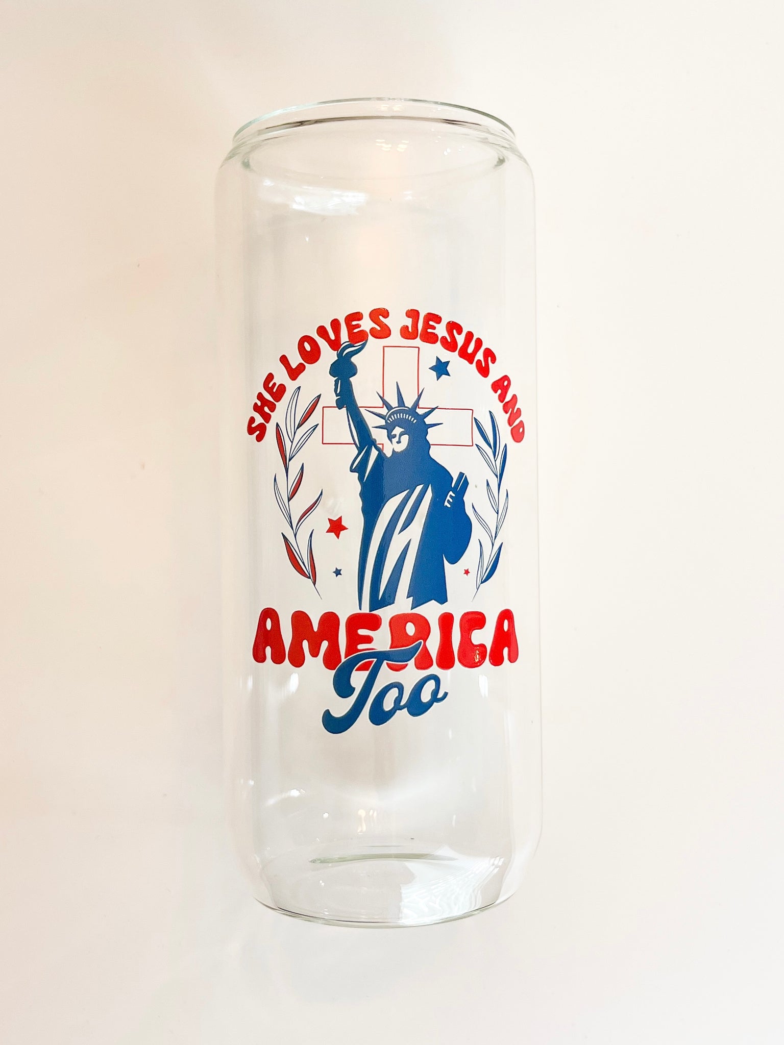 Taller 20 oz Can Glass - She loves Jesus & America too