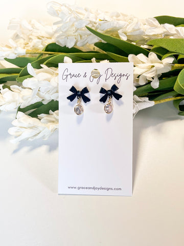 Black Bow Posts with Faux Diamond Drop Earrings