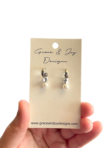 Faux Pearls on Half Hoop Silver Earrings