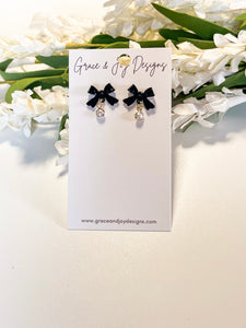 Black Bow Posts with Mini Pearls Earrings