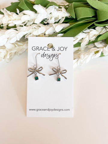 Bow with emerald Drop Earrings