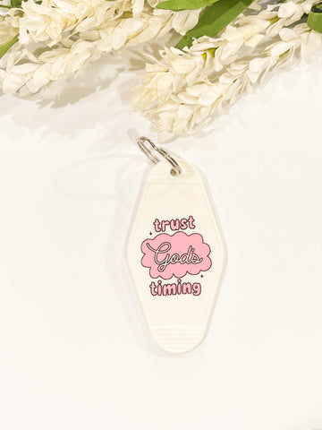 Trust God’s Timing White Acrylic Motel style Keychain