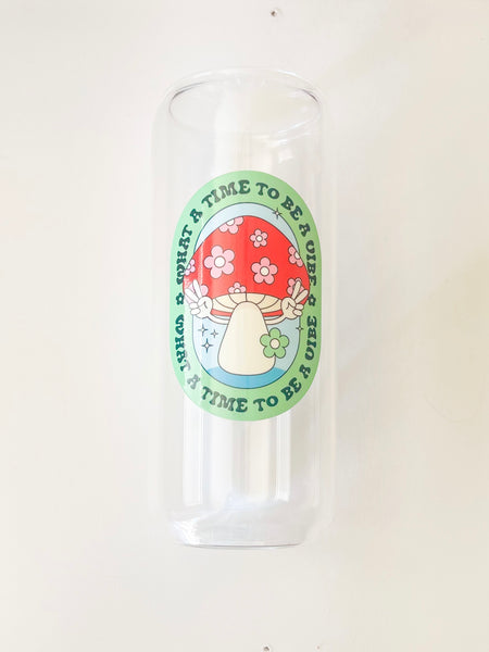 20 oz Can Glass - Time to be a vibe green w/ Glass Straw & Bamboo Lid
