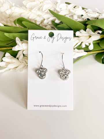 Silver Faux Diamond Mouse Head Earrings