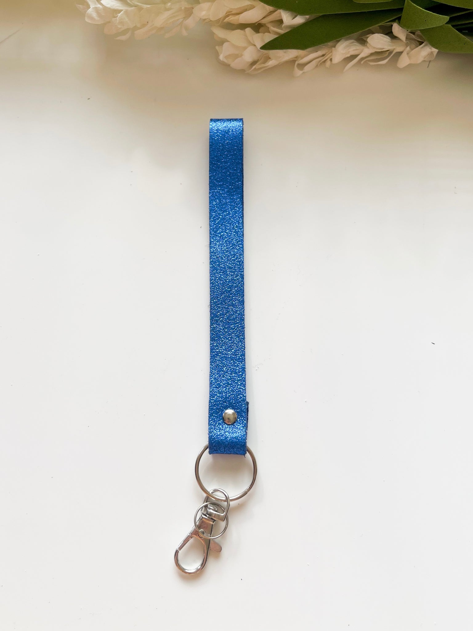 Shiny Metallic Blue Leather Wrist Strap