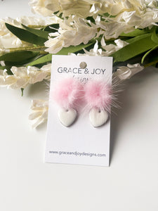 White Hearts on Pink Fuzzy Post Earrings