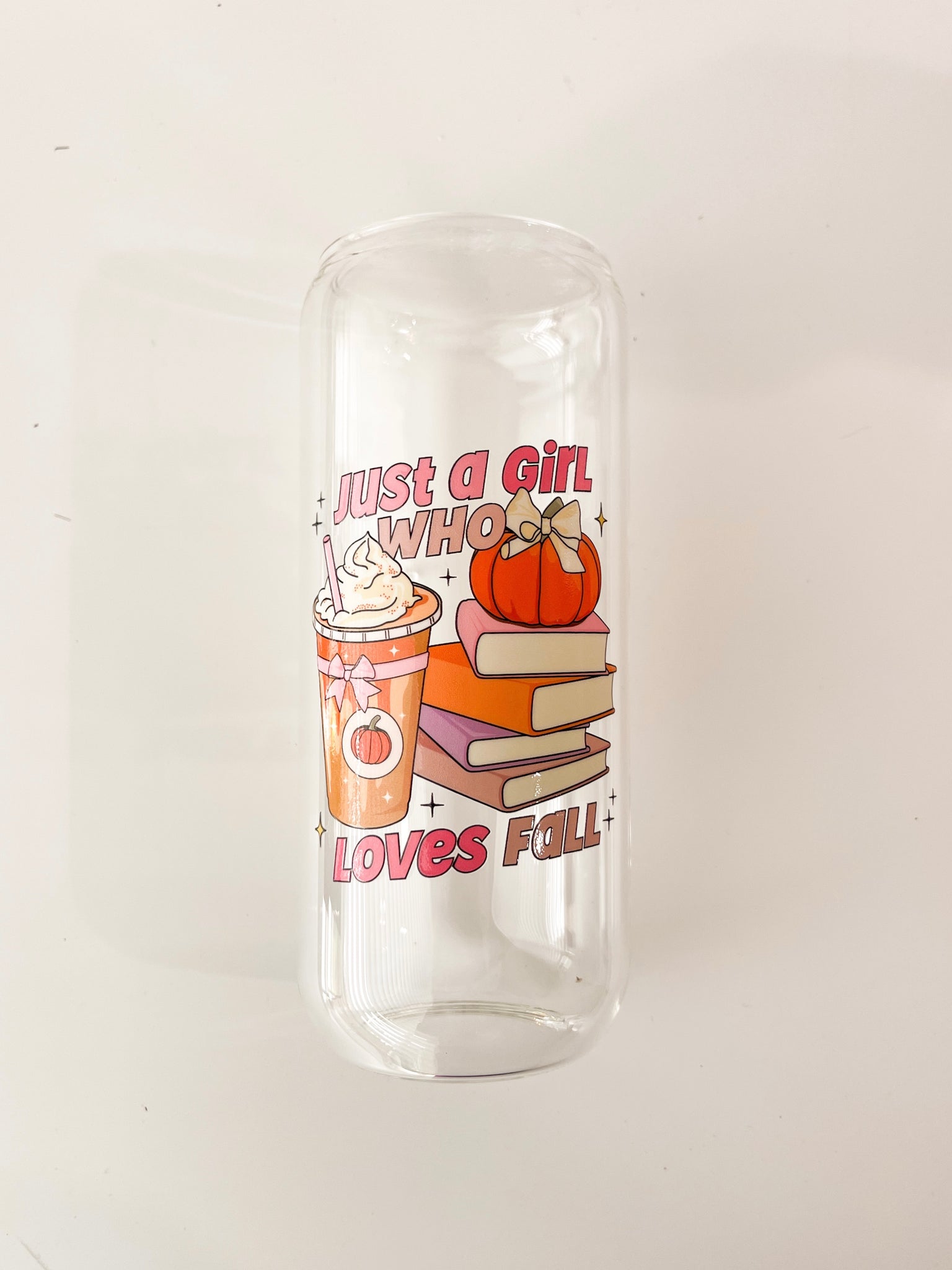 Girl who loves fall 20 oz Can Glass