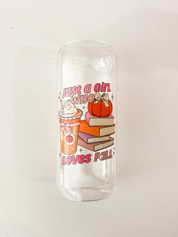 Girl who loves fall 20 oz Can Glass