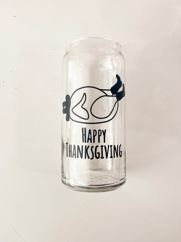 Happy Thanksgiving 20 oz Can Glass w/ Bamboo Lid & Glass Straw