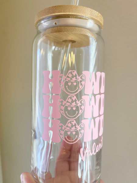 Howdy Valentine 20 oz Can Glass W/ Bamboo Lid and Glass Straw