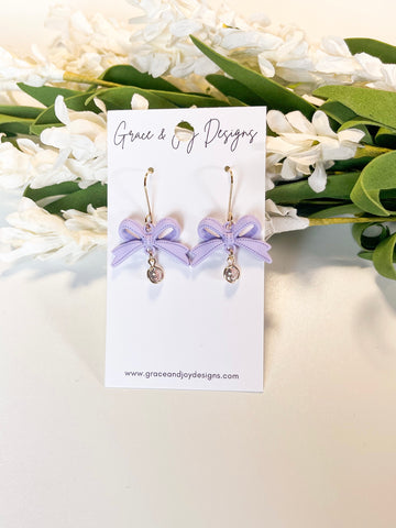 Purple Bows with faux diamond drop Earrings