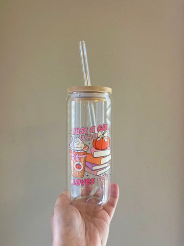 Just A Girl who loves Fall 20 oz Can Glass W/ Bamboo Lid and Glass Straw