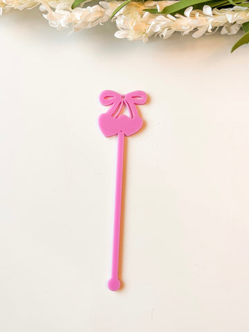 Bright Pink Heart Cherry Bow Stir Stick