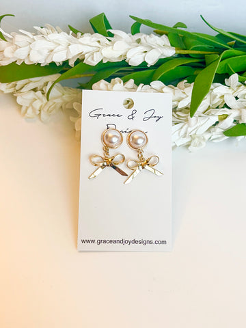 Gold Bows on Large Faux Pearl Stud Earrings