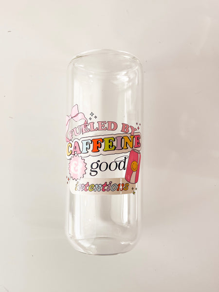 Caffeine and good intentions 20 oz Can Glass w/ Glass Straw & Bamboo Lid