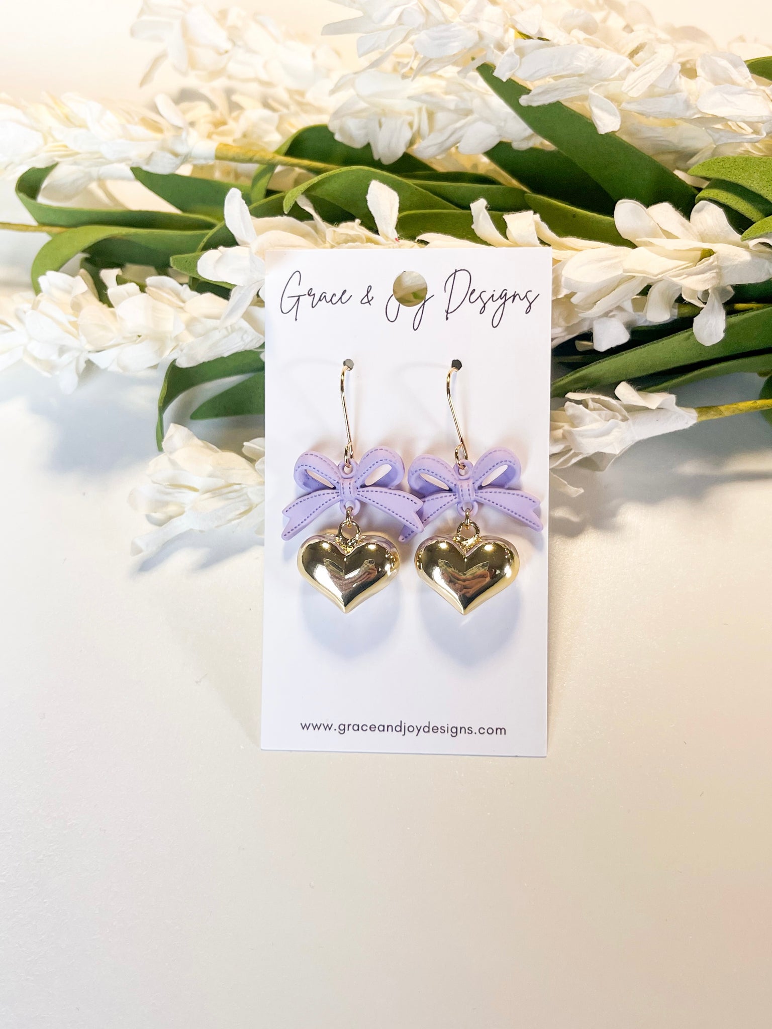 Lilac Bows & Gold Hearts Earrings