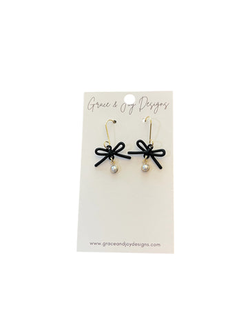 Black Bows with mini faux Pearl  Earrings