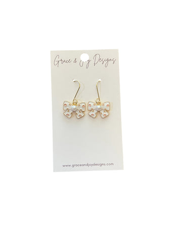 White with Pink dots Bow Earrings