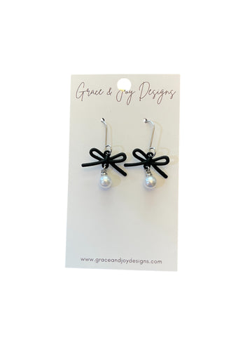 Faux pearls on black bows Earrings